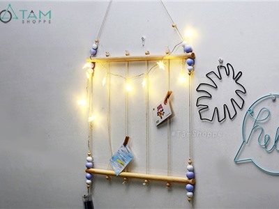 Set khung gỗ treo ảnh 6 dây thừng bi tròn + 12 kẹp gỗ + 01 đinh tường W-KhTA-02